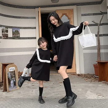 Bahar Ruffled uzun kollu ebeveyn-çocuk elbise Anne ve kız moda dantel patchwork elbiseler