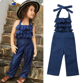 1-6Y Çocuk Kız Askı Pantolon Tulum Bebek yaz giysileri Çocuk Kolsuz Halter Fırfır Denim Romper Tulumlar