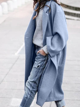 Kış Katı Kadın Ceket Sıcak Uzun Ceket Kalın Yün Karışımları Kadın Streetwear