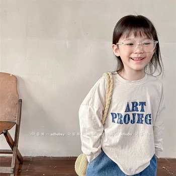2023 Bahar Yeni Çocuk Rahat Kazak Moda Mektubu Baskı T Shirt Bebek Erkek Kız Uzun Kollu Dip Üstleri Giysi