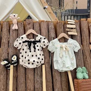 2023 Yaz Bebek Kız Polka Dot Elbise Kare Yaka Kabarcık Kollu Bodysuit Bebek Karikatür Tulum Toddler Yaylar Tek Parça