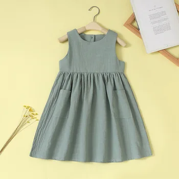 Çocuk yaz elbisesi Mizaç A Sınıfı Avrupa Ve Amerikan Basit Pastoral Tarzı Küçük Taze Cep Etek Kız Elbise