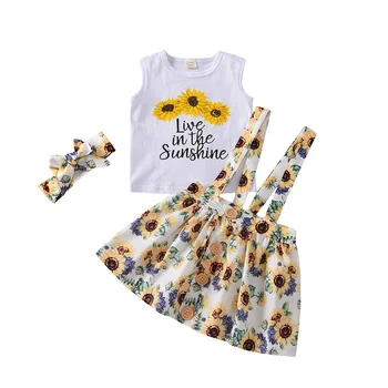 FOCUSNORM Yaz Güzel Bebek Kız Giysileri Setleri Ayçiçeği Mektup Baskı Kolsuz Yelek Üstleri Askı Etek 0-3Y