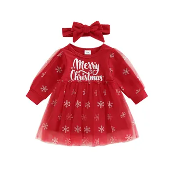 Bebek Bebek Kız Noel Elbise, Mektup Nakış Uzun Kollu Tül Kabarık Elbise Hairband Toddlers, 3 Ay 3 Yıl