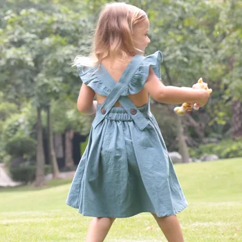 Yaz Toddler Kız Elbise Pamuk Ve Keten Çocuklar Plaj Elbise Çapraz Sapanlar Toka Kayma Elbiseler Kızlar için Moda Kız Giyim
