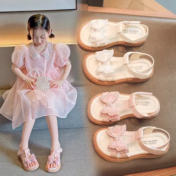 2023 Yaz Yeni çocuk Sandalet Kızlar Yumuşak Alt kaymaz Yay Peri Ayakkabı Koreli Çocuklar Moda İnci Prenses Ayakkabı