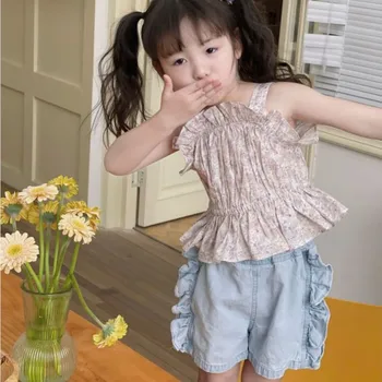 2023 Kore Yaz Çocuk Kız Giysileri Set Pamuk Çiçek Kabarık Yelek Takım Elbise Denim Ruffles Elastik Bel Elbise 1-7Y Çocuk