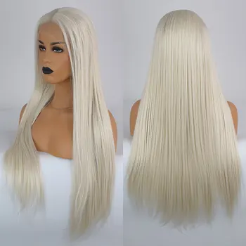 Beyaz Renk Sentetik Saç Dantel ön peruk Tutkalsız düz ısıya dayanıklı iplik Saç Doğal Saç Çizgisi Orta Ayrılık Kadınlar İçin