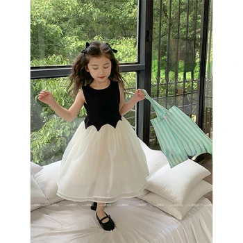 2023 Yaz Prenses Tarzı Çocuk Elbise Kız Kolsuz Örgü Tatlı Sevimli Moda Yeni Tasarım Oldukça Gelişmiş
