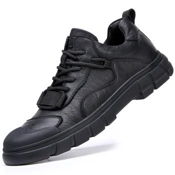 Yeni Bahar Moda Yürüyüş Trekking sneaker Ayakkabı Erkekler Hakiki Deri Siyah Yuvarlak Ayak Açık yürüyüş ayakkabısı İş Güvenliği