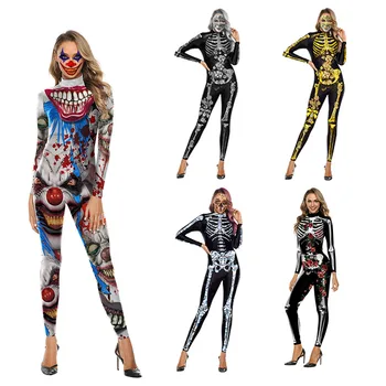 2022 Karnaval Parti Korkunç İskelet Gül Palyaço Tulum Kostüm Kadınlar İçin Komik 3D Baskılı Romper Cosplay Cadılar Bayramı Kıyafet