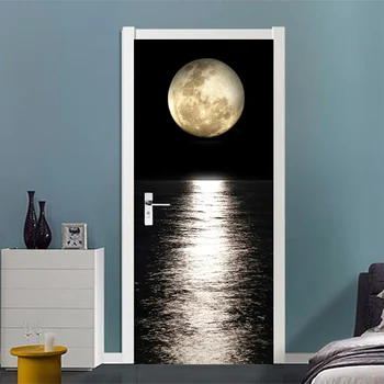 Kapı Sticker PVC 3D Gece Ay Deniz Seviyesi Görünüm KAPİ Dekorasyon Oturma Odası Yemek Odası Vinil Kapı Duvar Resimleri Duvar Kağıdı 3D Kapı Posteri
