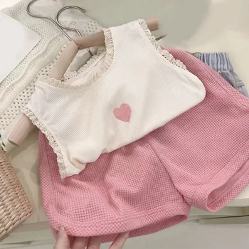 Sodawn Yaz Kolsuz Askı Üst + Şort 2 Adet Rahat Set Spor Kız Elbise Çocuk Giysileri