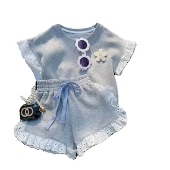 Bebek Kız Yaz Setleri 2 adet Giyim Rahat Katı Kısa Kollu Üstleri + Dantel kısa pantolon Çocuk Moda İnci Elbise Takım Elbise 2-7Years