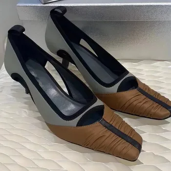 2022 Yaz Kadın Pompaları Kare burunlu Yüksek Topuklu Kadın Ayakkabı Moda Yüksek Kaliteli Zarif Mizaç Vintage Ofis Ayakkabı