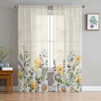 Çiçekler Papatyalar Yonca Okaliptüs Bitkiler Tül Sırf Pencere Perdeleri Oturma Odası Mutfak Yatak Odası için Vual Asılı Perde