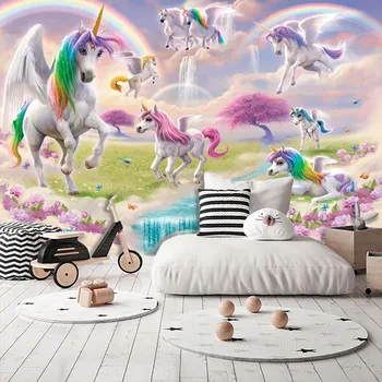 Peri gökkuşağı ünikorn Goblen Çocuklar Çocuklar İçin Fantezi Renkli Karikatür Unicorn Sanat Duvar Asılı Güzel Oda Ev Dekor