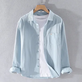 Ilkbahar Yaz Düz Renk erkek Gömlek Uzun Kollu Japon Kore Harajuku Gömlek Erkek Üst Moda %100 % pamuklu bluz Basit