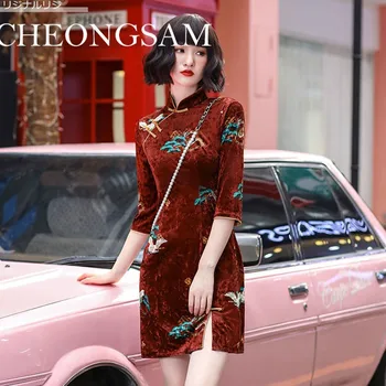 Eski Şangay Kadın Cheongsam Oryantal Genç Kız Akşam Parti Elbise Çin Bayanlar Kadife Qipao Vestidos Vintage Mini Qi Pao