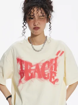 Çarpışma Renk Duman Mektuplar Baskılı kısa kollu tişört Sokak Hip-Hop Gevşek Rahat Çiftler T-shirt Beş noktalı Kollu Yaz