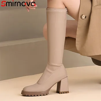 Smirnova 2023 Yeni Fermuar Streç Kumaş Kadın Botları Sonbahar Kış Diz Yüksek Platform Çizmeler Kalın Yüksek Topuklu Elbise Ayakkabı