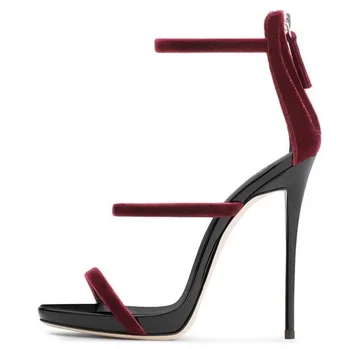 Sandalia Feminina Kırmızı Şarap Kadife Strappy Sandalet Yüksek topuklu 12MM Üç kayış Sandalet Kadın Cut-out Peep Toe Yaz Ayakkabı