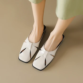 Yaz Kadın Terlik Kare Ayak Kadın Sandalet Tıknaz Topuk Katır Bölünmüş deri ayakkabı Kadınlar için Slingback Sandalet El Yapımı Ayakkabı