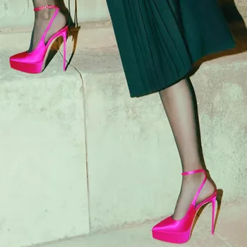 Pompaları İnce Topuklu Slingback Sandalet Toka Zapatos Mujer Platformu Sandalias Noktası Toe Chaussure Femme Saten Tacones Lüks