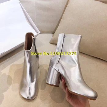 Bölünmüş Ayak bayan Botları Tıknaz Topuk Boyutu Fermuar Moda 2023 Yeni Varış Deri Ayak Bileği Patik Gümüş Beyaz Siyah Kahverengi Ayakkabı