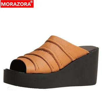 MORAZORA 2022 Yeni Basit Hakiki Deri Sandalet Kadın Takozlar Yüksek Topuklu platform ayakkabılar Bayanlar Katı Sığ rahat ayakkabılar