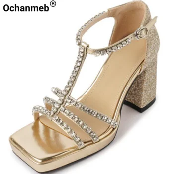 Ochanmeb Kadınlar Altın Glitter Sandalet Bling Bling Taklidi Düğün Gelin Ayakkabıları Kalın Yüksek Topuklu Ayak Bileği Toka Bayan Kristal Sandalet