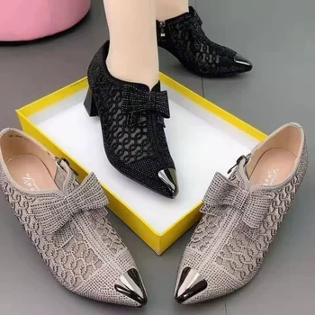 Kadın Ayakkabı Yaz Pompaları Sandalet Tıknaz Dantel Seksi Sivri Burun Tasarımcı Orta Topuklu Sığ Olgun Elbise Kadın Ayakkabı Mujer Zapatos
