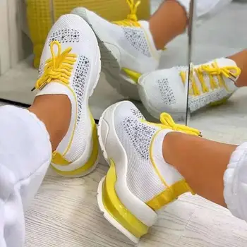 sarı beyaz ayakkabı Kadın koşu ayakkabıları Açık Şok spor ayakkabı Hafif Bayanlar Sneaker Rahat Örgü Rahat Yürüyüş