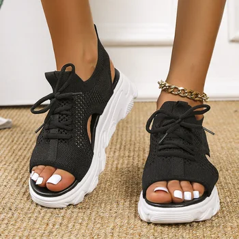 Kadın Sandalet Örgü rahat ayakkabılar Beyaz Kalın Tabanlı Dantel-Up Sandalias burnu açık plaj ayakkabısı Kadınlar için Yeni Zapatos Mujer 2023