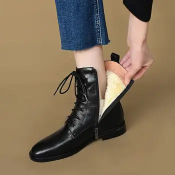 Inek Deri Kış ayakkabı Kadın Botas yarım çizmeler Gerçek Woo Scarpe Donna Yan Zipperl Kışlık botlar Yüksek Kaliteli Kadın Ayakkabı