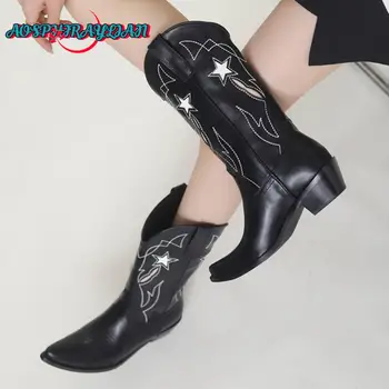 Kadın Batı Dikiş Çiçek Cowgirl Retro Çizmeler 2023 Vintage Kovboy kadın ayakkabısı Botları