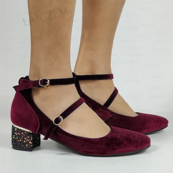 LAIGZEM Kadın Topuklu Ayak Bileği Sapanlar 5 CM Orta Blok Topuk Pompaları Rahat Elbise Sandalet Ayakkabı Zapatos Mujer Artı Boyutu 41 44 46