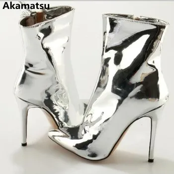 lüks ayakkabı kadın tasarımcılar patent deri diz üzerinde çizmeler yüksek topuk metalik gümüş ayna motosiklet botines pist ayakkabı