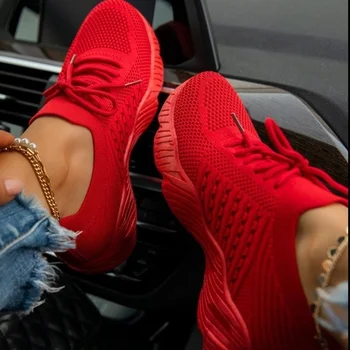 Kırmızı Rahat spor ayakkabı Kadınlar için Konfor Örgü Tenis ayakkabıları Hafif Spor Ayakkabı Kadın 2023 Yeni Artı Boyutu 43 Öğrenci vulkanize ayakkabı