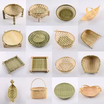 Bambu Sepet Tepsi Hasır Ekmek Sepeti, %100 % Doğal El Yapımı Dokuma Meyve Sepeti, U Şekli Tutucu, Düz Sığ Sebze