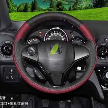 Honda Fit 2014 için XR - V VEZEL DIY Siyah Hakiki Deri Süet Araba direksiyon kılıfı Nefes tutma kapağı araba aksesuarları