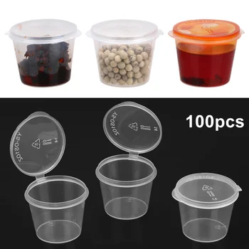 100 Adet Hint Turşusu biber sosu Bardak Gıda Küçük sos kabı Kutusu Plastik Şeffaf Kapaklı mutfak düzenleyici Tek Kullanımlık sos tenceresi