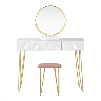 Beyaz Altın Tuvalet Masası 3 Çekmeceli 3D Etkisi Kadife Tabure Makyaj Kozmetik Makyaj Masası 360 ° Döner Ayna Yatak Odası