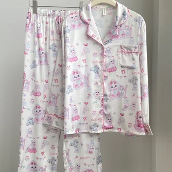 Bayan İpek Saten Pijama Seti Sonbahar Uzun Kollu İki parçalı Pj Setleri Pijama Loungewear adies Kıyafeti Kız Ev Takım Elbise