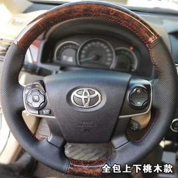 El dikişli Yüksek kaliteli kaymaz Siyah Deri şeftali ahşap tahıl Araba direksiyon kılıfı Toyota Camry 2012 için 2013 2014