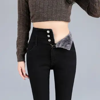 Kalın Yün Elastik Skinny Jean Sıcak Y2K Kot Kadınlar İçin Kış Kadife Kalın Kot pantolon Yüksek Bel Polar Anne Kot
