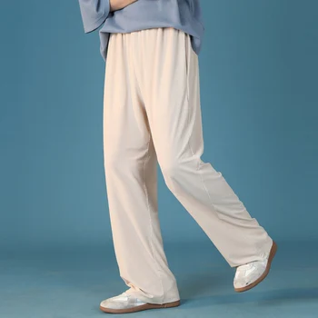 Yaz Düz Kadın Rahat Elastik Yüksek Bel Buz Dokunmatik Serin Kore Gevşek Bej Pilili Pantolon Kadın 4XL 5XL