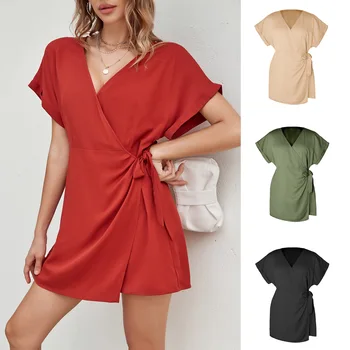Moda kadın Giyim Düz Renk Kısa Kollu V Yaka Elastik Bel Üstü Diz Boyu Gömlek Elbise Tulum Playsuits
