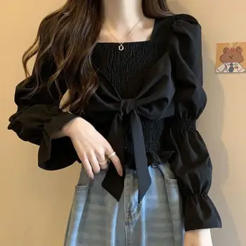 Moda Eklenmiş Kat Lace Up Yay Tatlı Bluz kadın Giyim 2023 Bahar Yeni Casual Kazaklar Parlama Kollu Gömlek