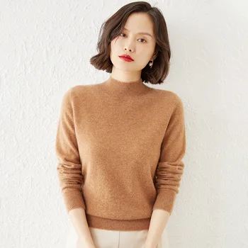 Kadın Kazak 2023 Kore Moda Sonbahar Kış Kahverengi Mock Boyun Streç Dip Gömlek Sıcak Katı Kadın Örme Kazaklar